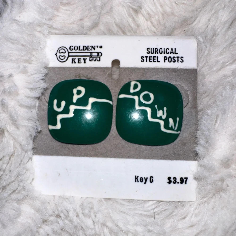Amazing 80’s Vintage Earrings Green and White Pop Art - Picture 2 of 3